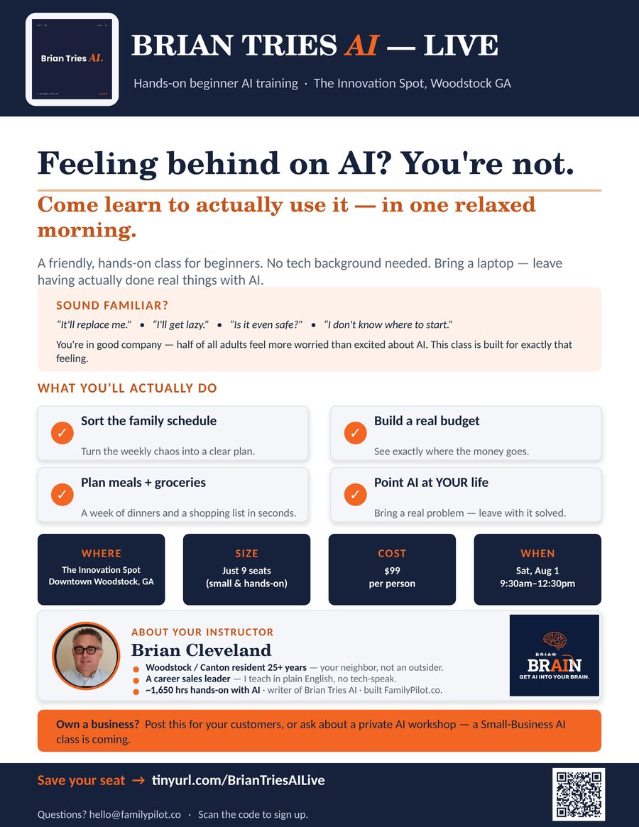The Brian Tries AI LIVE class flyer